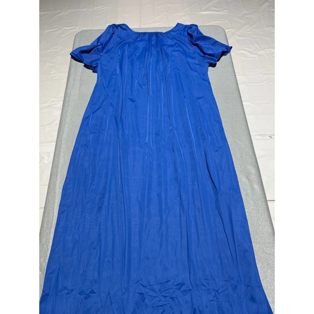Shadowline Vintage Royal Blue Floral Embroidered Maxi Nightgown Short Sleeve 2X